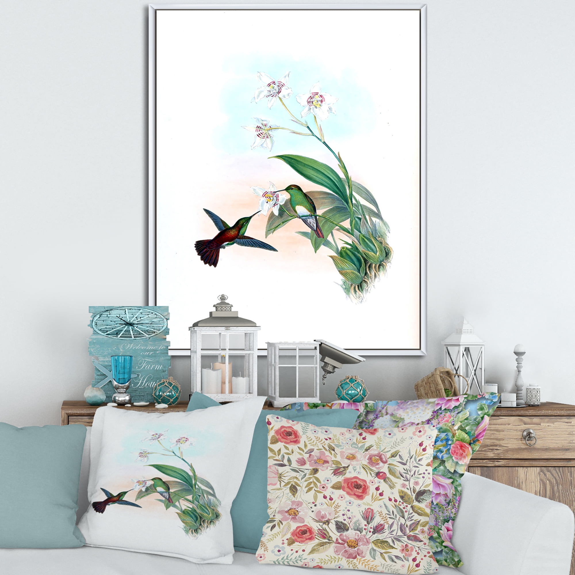 Designart 'Historic Hummingbird Flying To A Flower' Traditional Framed Canvas Wall Art Print