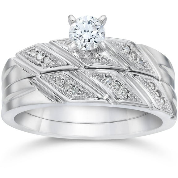 Pompeii 1/5ct Diamond Engagement Ring Matching Wedding Band Set 10K White Gold (H/I,I1-I2)