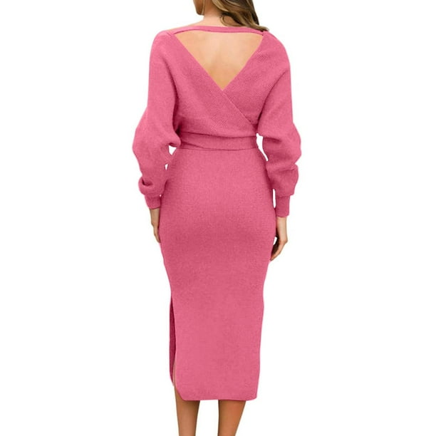 Vestido informal de mujer con cuello en V y espalda escotada: diseño elegante para todas las estaciones, lavable a máquina, tallas S-XL, largo 105-108 cm.