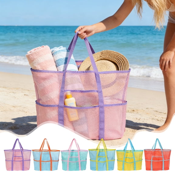 Extra Large Heavy Duty Mesh Beach Tote Bag, Spacious Swimwear & Pool Gear Storage Bag, Toiletry Organizer Pouch, for Beach Trips Pool Days Vacation Travel/Outdoor Daily, 16*16*8in, Watermelon Red