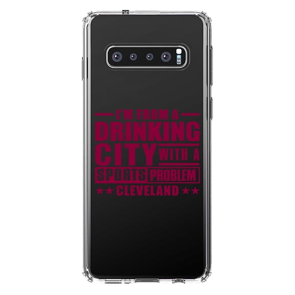 DistinctInk Clear Shockproof Hybrid Case for Samsung Galaxy S10 (6.1" Screen) - TPU Bumper Acrylic Back Tempered Glass Screen Protector - Cleveland Drinking City Sports Problem
