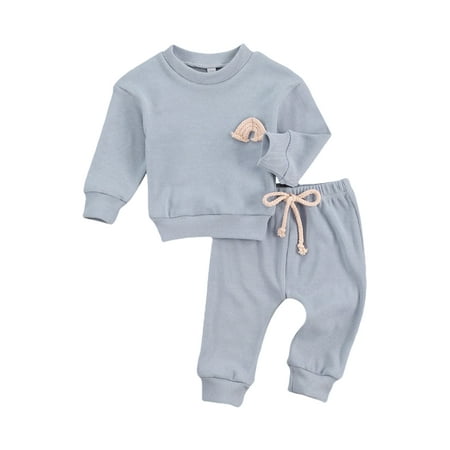 

Calsunbaby Baby Solid Rainbow Embroidery O-neck Top Drawstring Waist Long Pants