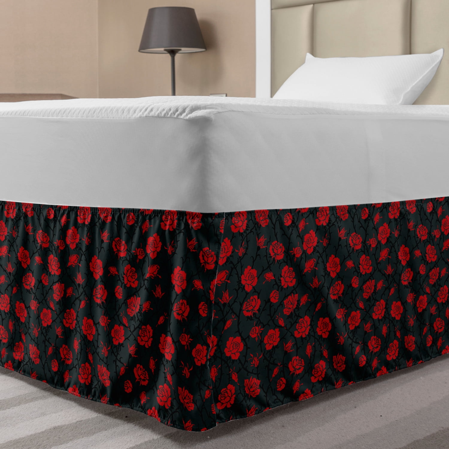 Red and Black Bed Skirt, Rose Swirls Ivy Plants Dark Mysterious Forest
