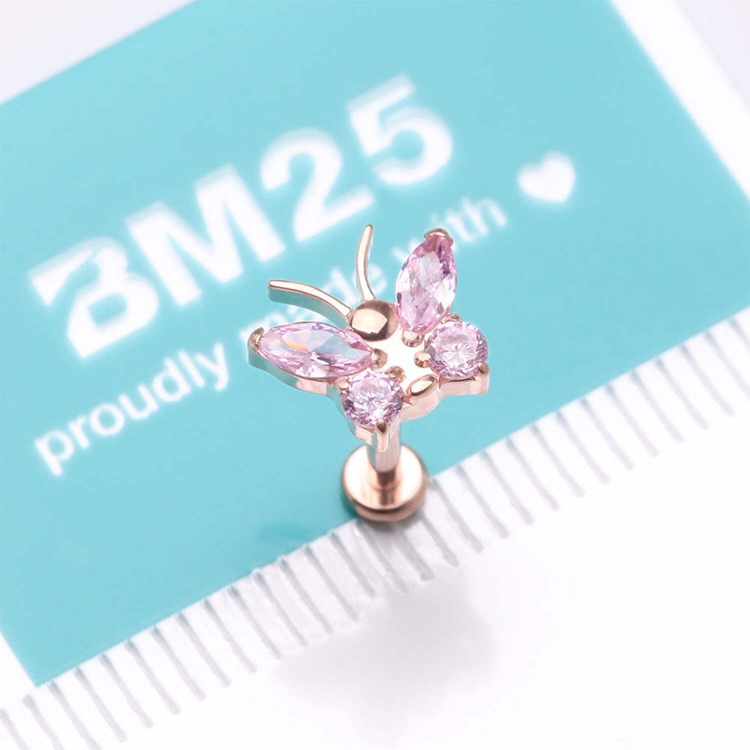Implant Grade Titanium Rose Gold Butterfly Sparkle Internally Threaded Flat Back Stud Labret