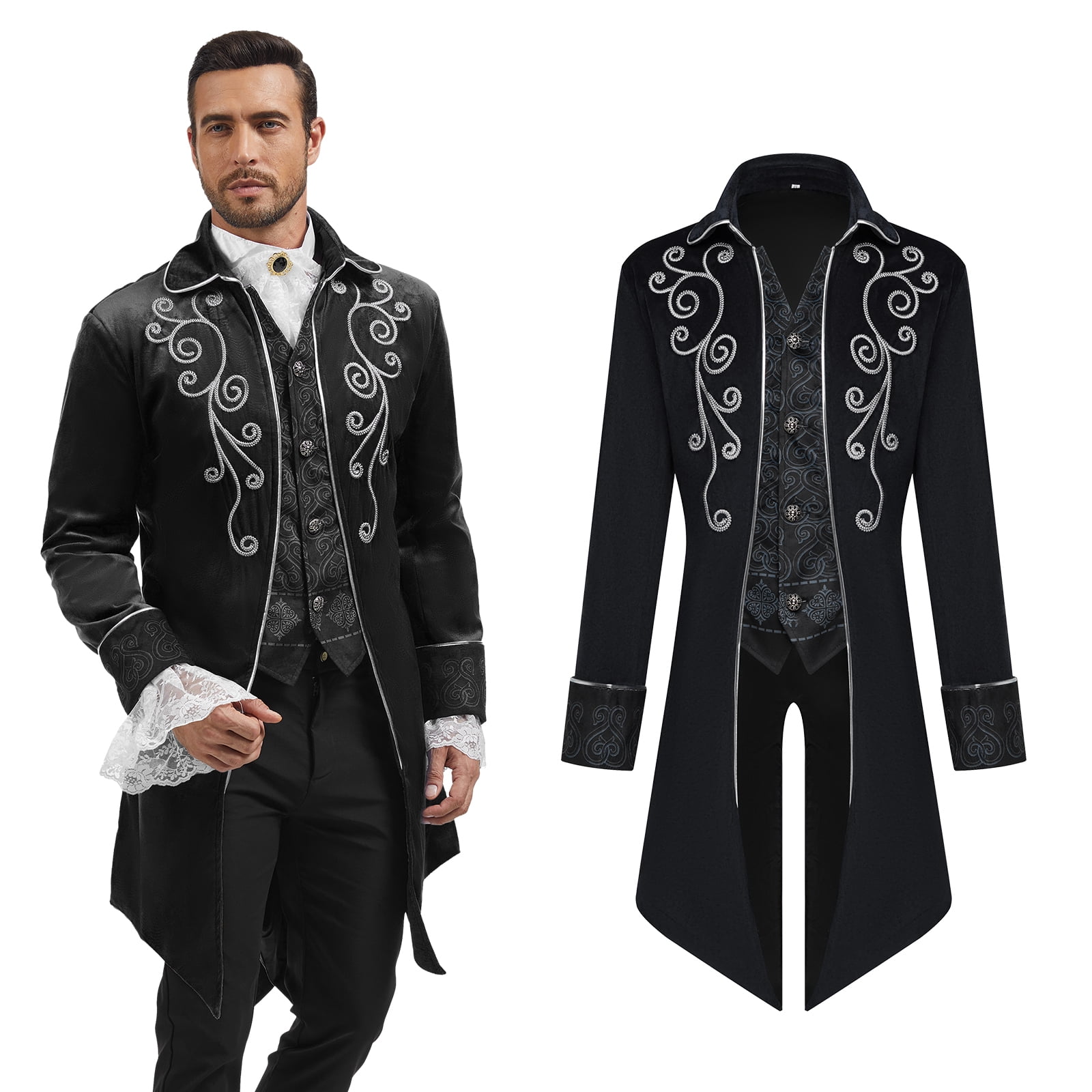 MYATED Medieval Steampunk Tailcoat for Men,Gothic Victorian Frock Coat Renaissance Pirate Jackets Halloween Party Cosplay Costumes,Black,S