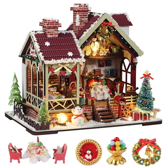 MOJINO DIY Christmas Miniature House Kit, Wooden Dollhouse Building Kit with LED Light, Holiday Snow House Miniature Model for Adults Teens, Christmas Home Decor Gift