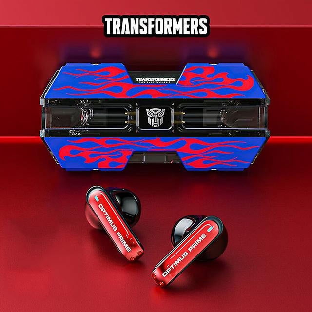transformers tft01 auriculares inalámbricos bluetooth 5,3 auriculares para juegos auriculares para jugadores de baja latencia auriculares tws con reducción de ruido nuevos — Estuche rectangular azul con llamas rojas y logo Transformers en la tapa; dos audífonos TWS azul con detalles rojos y la leyenda "OPTIMUS PRIME" en las varillas, sobre fondo rojo; a menudo usados para gaming portátil y streaming.