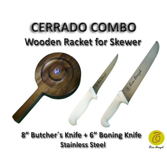 Cerrado Combo - Wooden Racket for Skewer   8" Butcher Knife   6" Boning Knife
