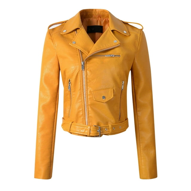 WEIYLL Fleece Jacket Women The Belt Leather Cool Zipper Decoration Racing Style Biker Yellow Winter Clothes Size M
