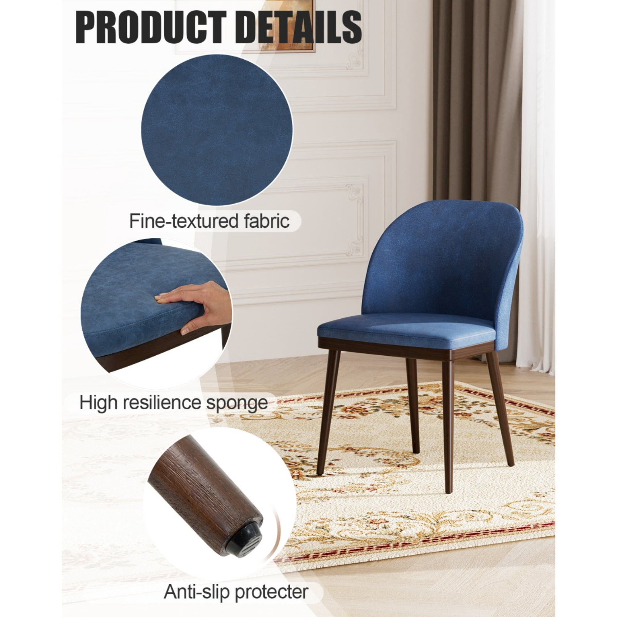 EOP Modern Upholstered Dining Chairs Set of 2, Wooden Dining Side Chairs with Curved Backrest, Armless Kitchen Chairs for Dining Room & Restaurant, Blue