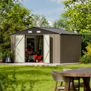 Patiowell Size Upgrade 10 x 8 ft. Outdoor Storage Metal Shed with Sloping Roof and Double Lockable Door, Brown