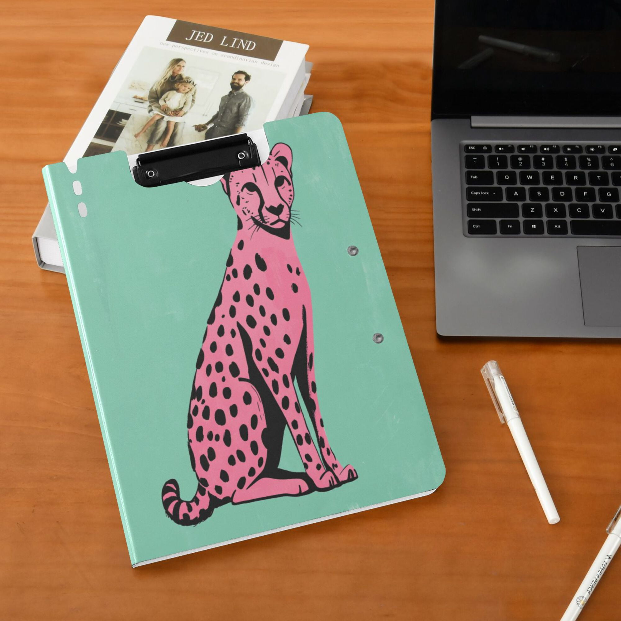 FORMRS A4 Clipboard Folder with Pen Holder Horizontal Foldable School Office Binder, Pink Cheetah