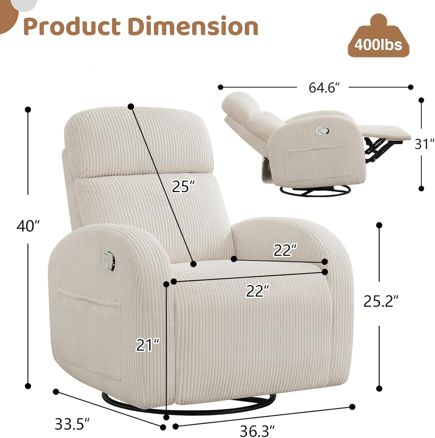 Aemeios Corduroy Swivel Rocker Glider Manual Recliner Nursery Rocking Chair with Double Pockets, White