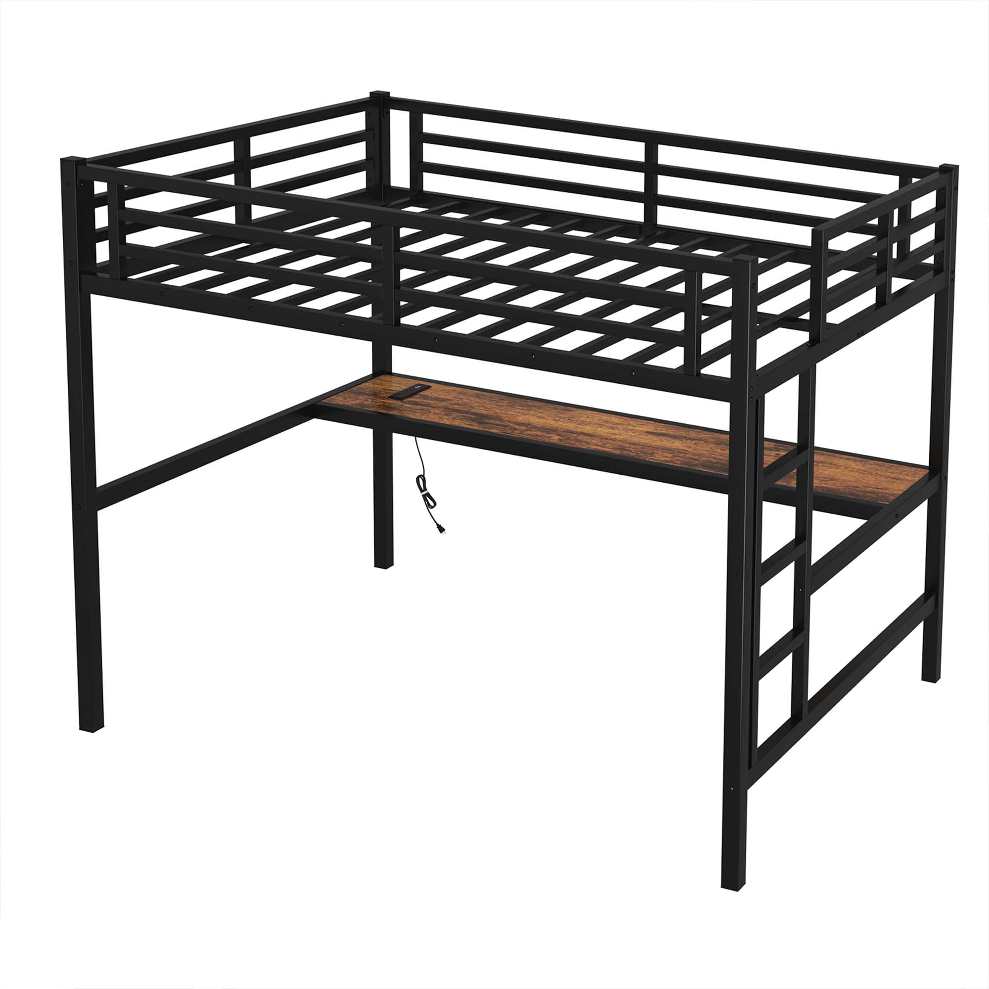 Miniyam Twin XL Metal Loft Bed Frame with Gaming-Friendly Desk & LED Light, Black