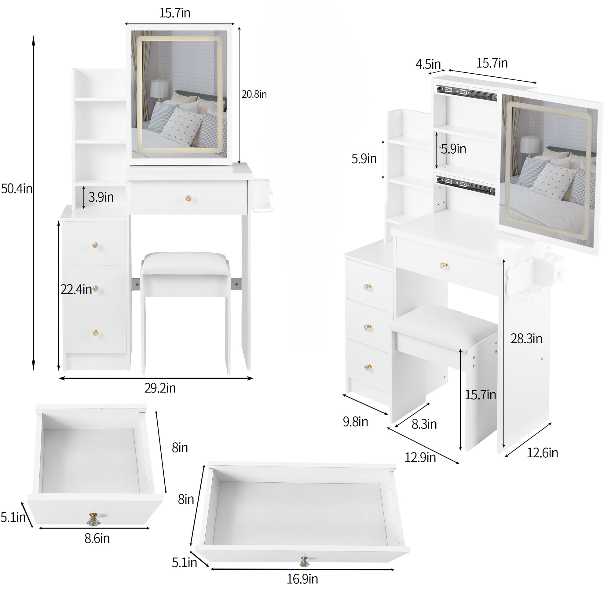 Bedside Cabinet Vanity Table + Cushioned Stool, Hair dryer bracket, Extra Large Touch Control Sliding LED Mirror