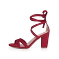 thumbnail image 6 of BLISSFUL STEP Women's Sandals High Block Heels Solid Color Lace up Sandals Red 10, 6 of 8
