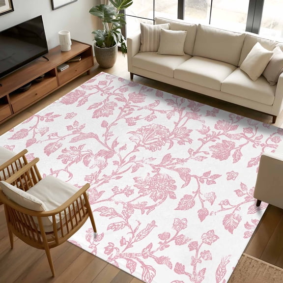8x10 Area Rugs Pink Flower Non-Skid Rubber Backing Large Rectangle Rugs - Living Room Bedroom Home Office, Vintage Farmhouse Boho Leaf Spring Solid Indoor Floor Mat Carpets Washable Rug
