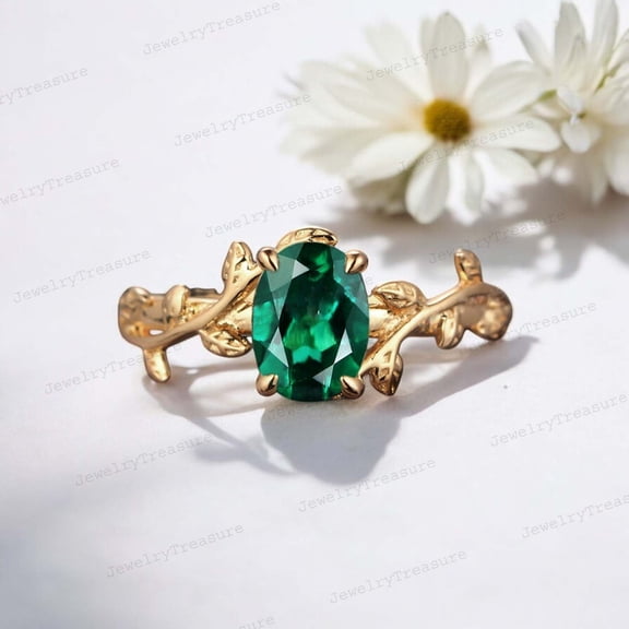 JEWELRYTREASURE 8x6 mm / 2 Ct Nature Inspired Emerald Engagement Ring Yellow Gold Plated Ring Solitaire Promise Jewelry Gift for Mom Oval Cut Gemstone Ring