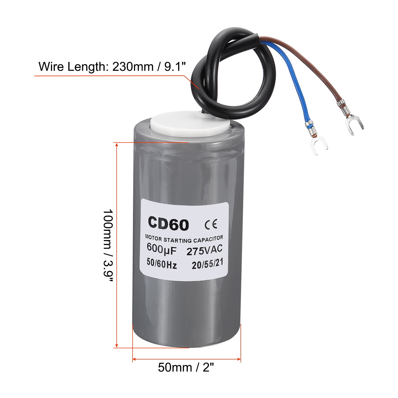 Uxcell CD60 Running Capacitor 600uF 275V 2 Wires 50/60Hz 100x50mm Motor Starting Capacitor