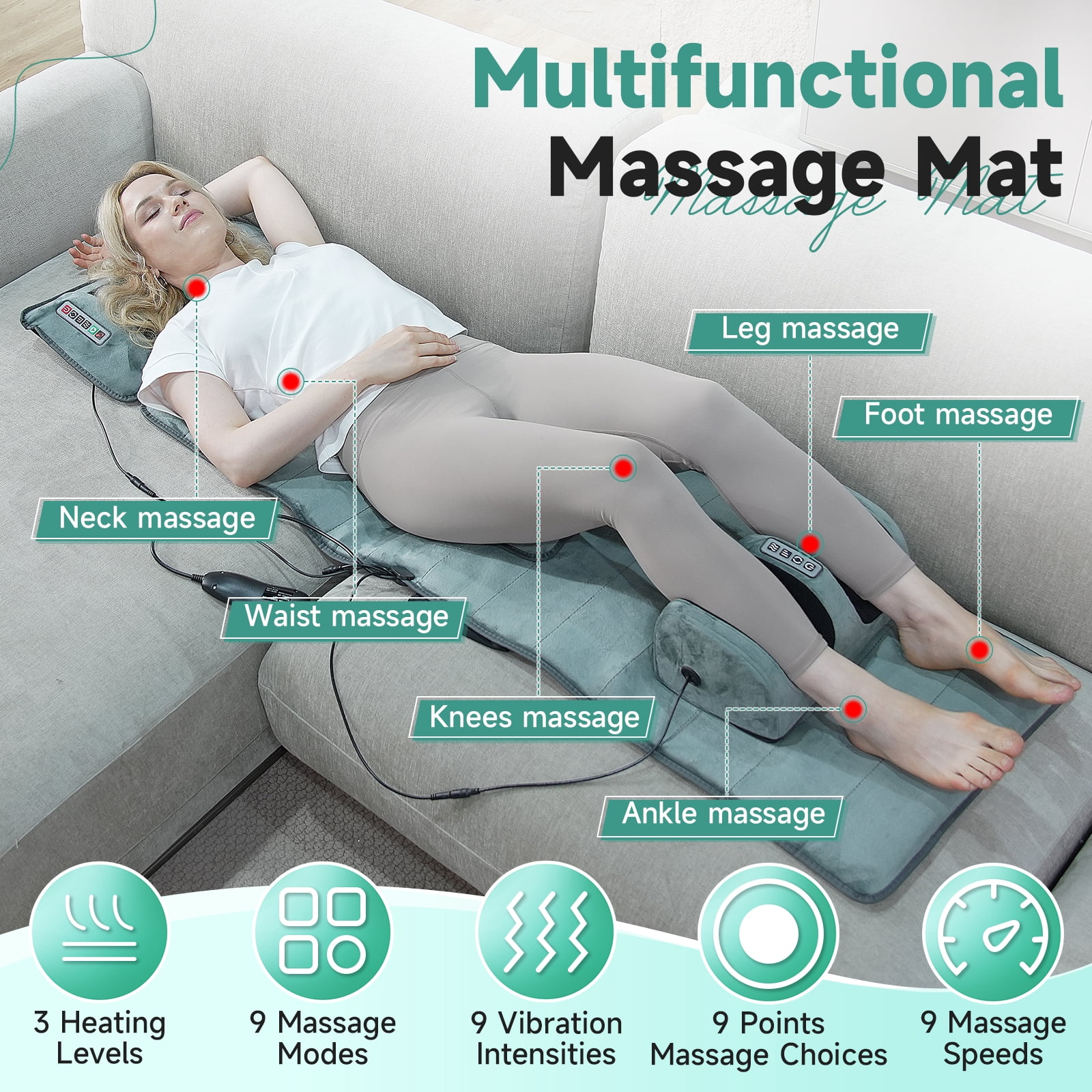 HEMXSZH Full Body Massage Mat with Remote Vibration & Heat, Foot Massage Headrest & Lumbar Pillow, Gray