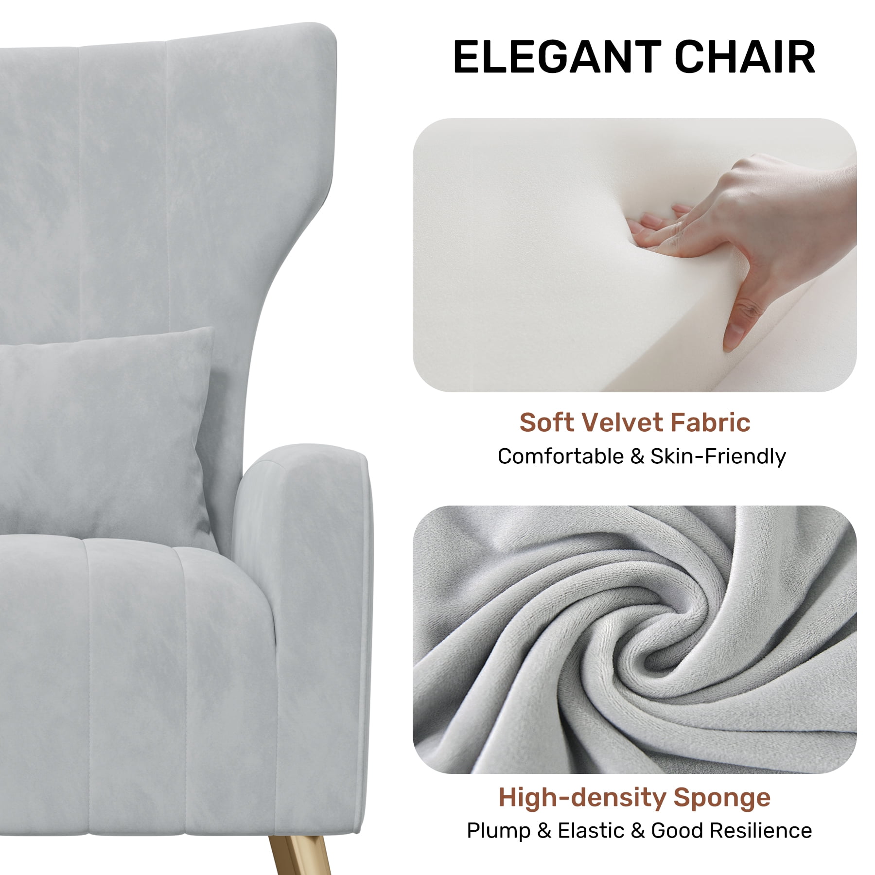 MOONMISS Velvet Accent Chair for Living Room, Modern Arm Chair with Pillow, Single Sofa Lounge Chair for Bedroom & Reading Room,Light Gray