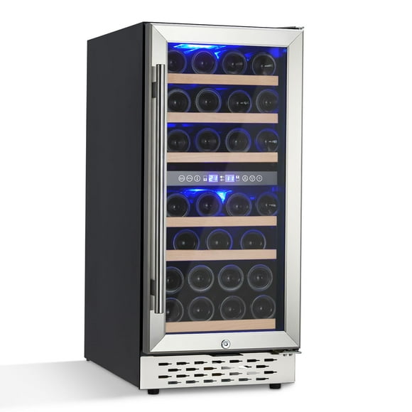 Mini Wine Refrigerator Cooler 28 Bottles, Dual Temp Control, Small Freestanding, Built-In Wine Cabinet, Touch Control, LED Screen Beverage Refrigerator for Wine & Beer