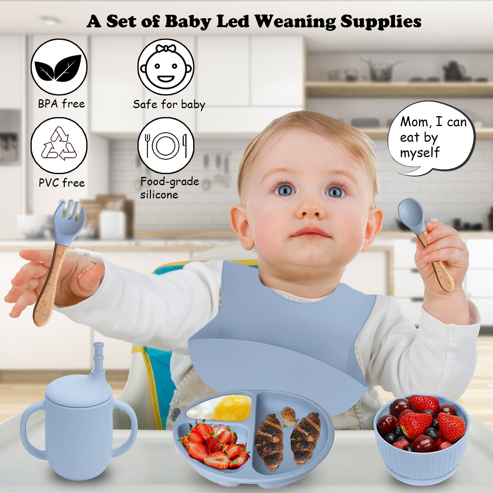 Baby Led Weaning Supplies, 7 Pcs Silicone Toddler Feeding Utensils -  Adjustable Bibs, Suction Divided Plate, Placemat, Spoon, Fork, Suction  Bowls, Straw Sippy Cup - Aids Self Feeding Kit