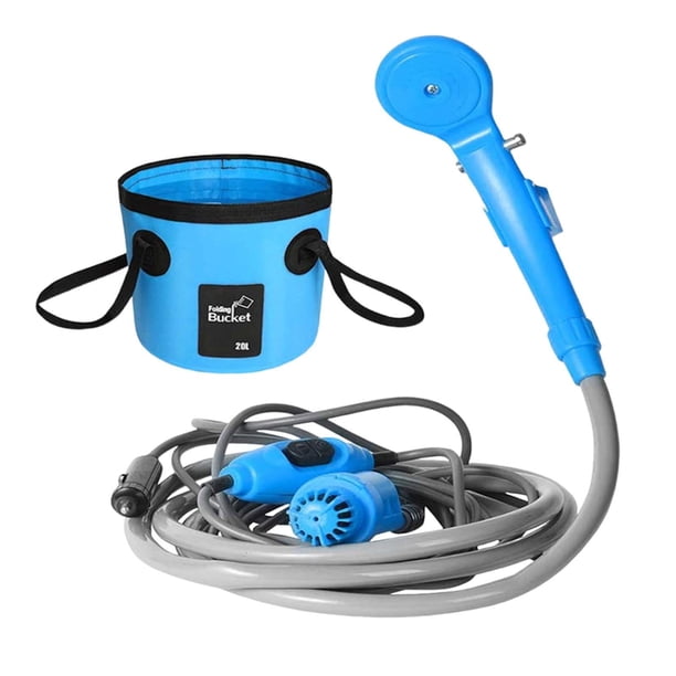 Ducha portátil, ducha de viaje, lavadora de coche, ducha USB, ducha de Camping con cubo plegable para senderismo, dormitorio, viajes al aire libre Azul