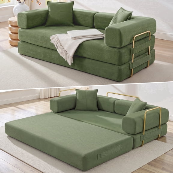Vanress 79" Convertible Sofa Bed, Folding Sleeper Sofa Couch Bed with Fixed-Shape Frame, Fold Out Sleeper Loveseat, Corduroy Boneless Futon Bed, No Assembly Required for Living Room & Bedroom, Green