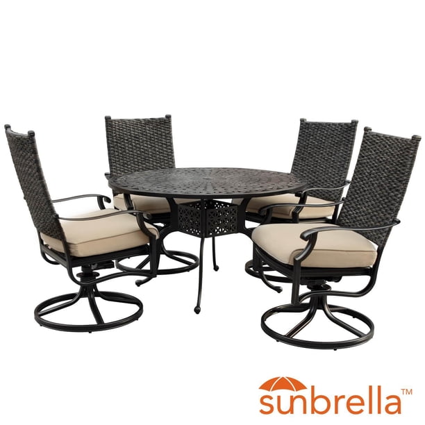 Carondelet 5 Piece Wicker Patio Dining Set W 48 Inch Round Patio Dining Table Swivel Rockers Sunbrella Spectrum Sand Cushions By Lakeview Outdoor Designs Walmart Com Walmart Com