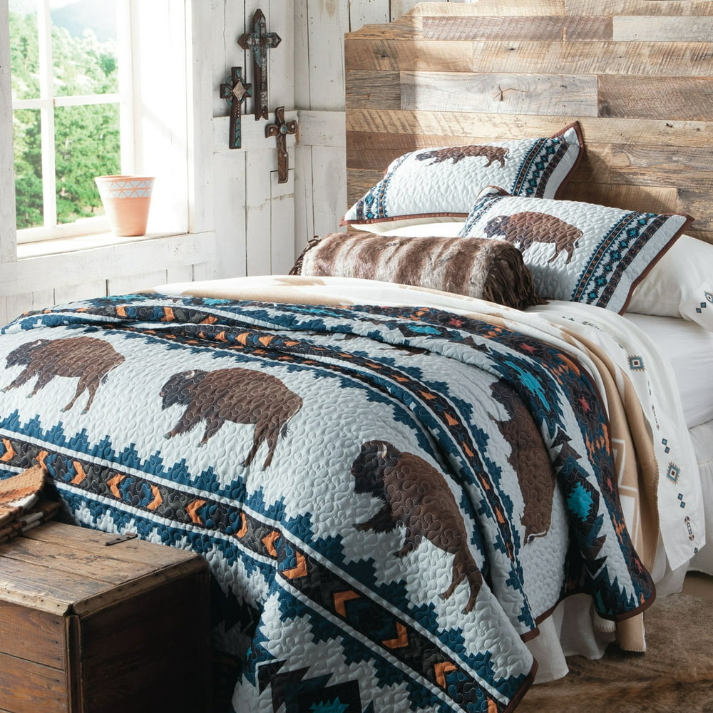 Buffalo Print Turquoise, Orange, Black on Grey 3 Piece Quilt Set Size