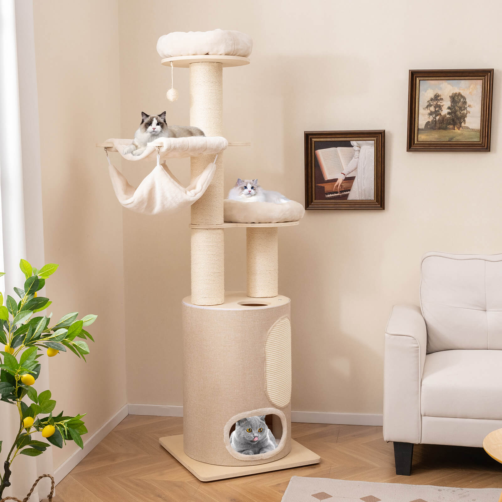 Infans 74" Tall Wooden Cat Tower Tree w/ 2-Story Cat Condo  2-Style Hammocks