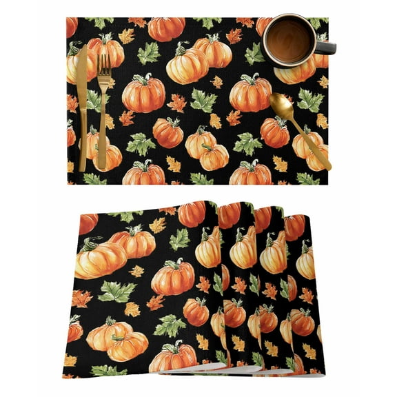 Thanksgiving Pumpkin Placemats Set of 6 Watercolor Vintage Farm Black Texture Heat Insulation Washable Place Mats, Rustic Non-Slip Table Mats for Dining Table Party Kitchen Decor,13x19 Inch