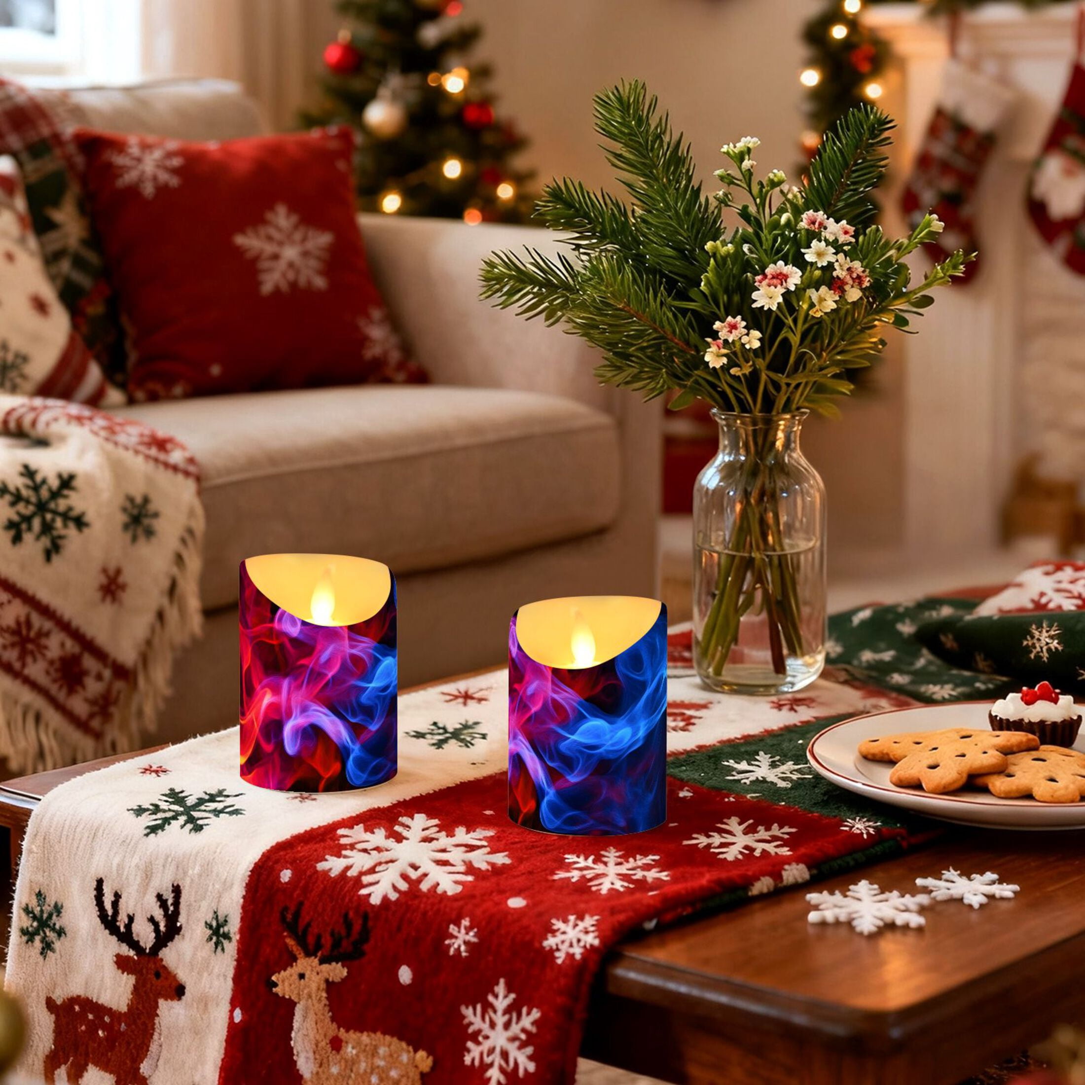 Blue and Red Flame Mixture Flickering Flameless Candles with Remote Timer Battery Operated LED Tealight Set of 2 M