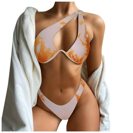 Women Swimsuits Bikini Set Solid One Shoulder Knot Front Push Up High Leg Thong Two Piece Beige Womens Bathing Suits S