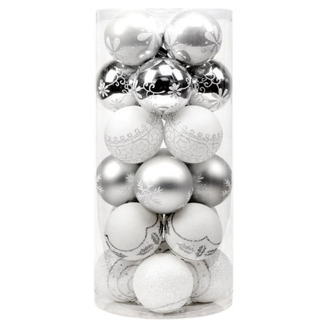 Cateissary Paquete de 24 bolas de Navidad de 6 cm, ambientes festivos temáticos, decoración de Navidad, colgante reutilizable para exteriores, Kits de decoración para fiestas Plata Blanco Tipo 2