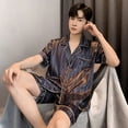 thumbnail image 4 of Pijama de seda con botones de solapa para hombre, pantalones cortos, conjunto de ropa de dormir de satén, de gran tamaño, Verano, 4 of 4
