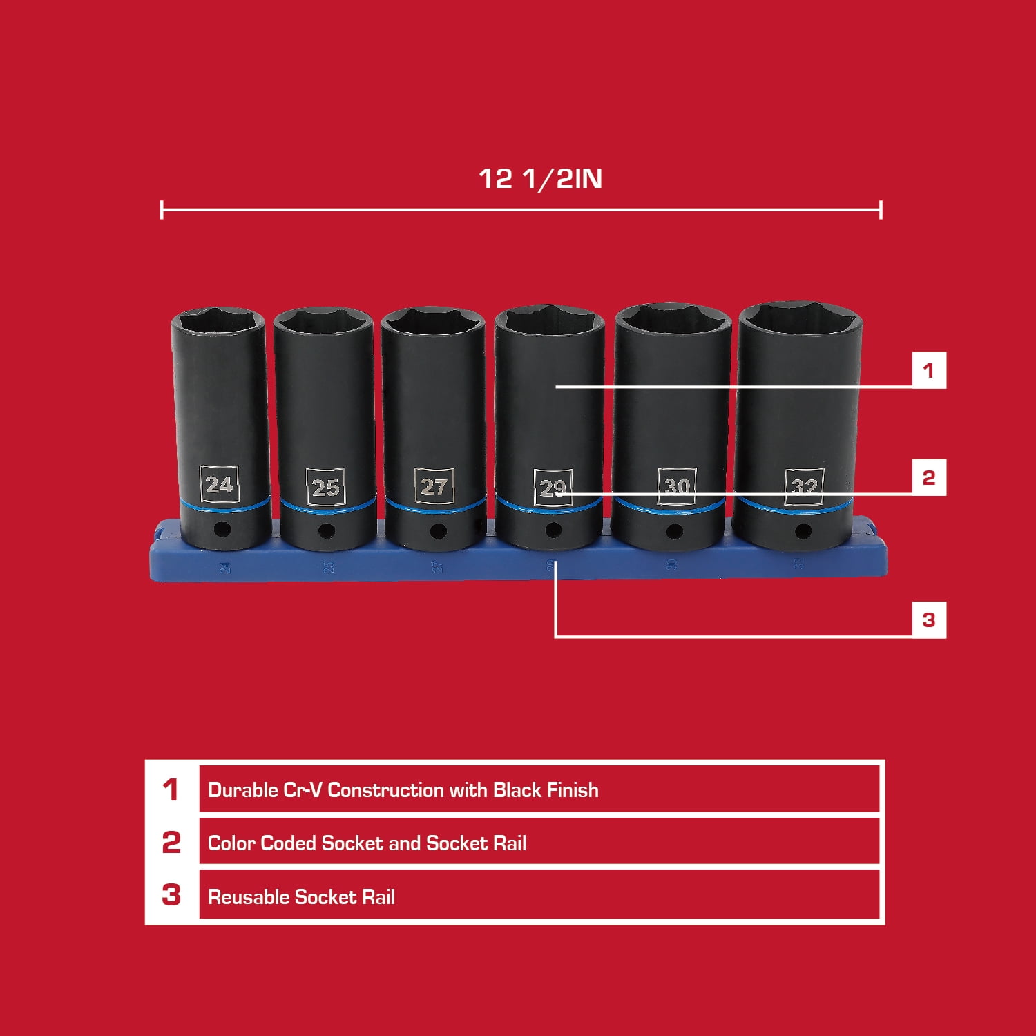 Hyper Tough Metric 1/2-inch Drive Large Impact Deep Socket Set, 7 Pieces