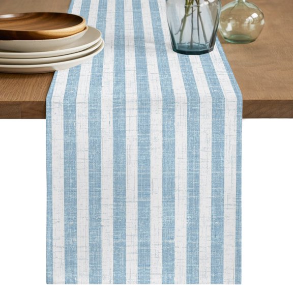 Blue Stripes Table Runner 70 Inches Long,Retro Geometric Boho Lines Farmhouse Cotton Linen Table Runners Dresser Scarves,Decorative Fabric Tabletop Scarf Furniture Cover for Home Dinner Party 13"x70"