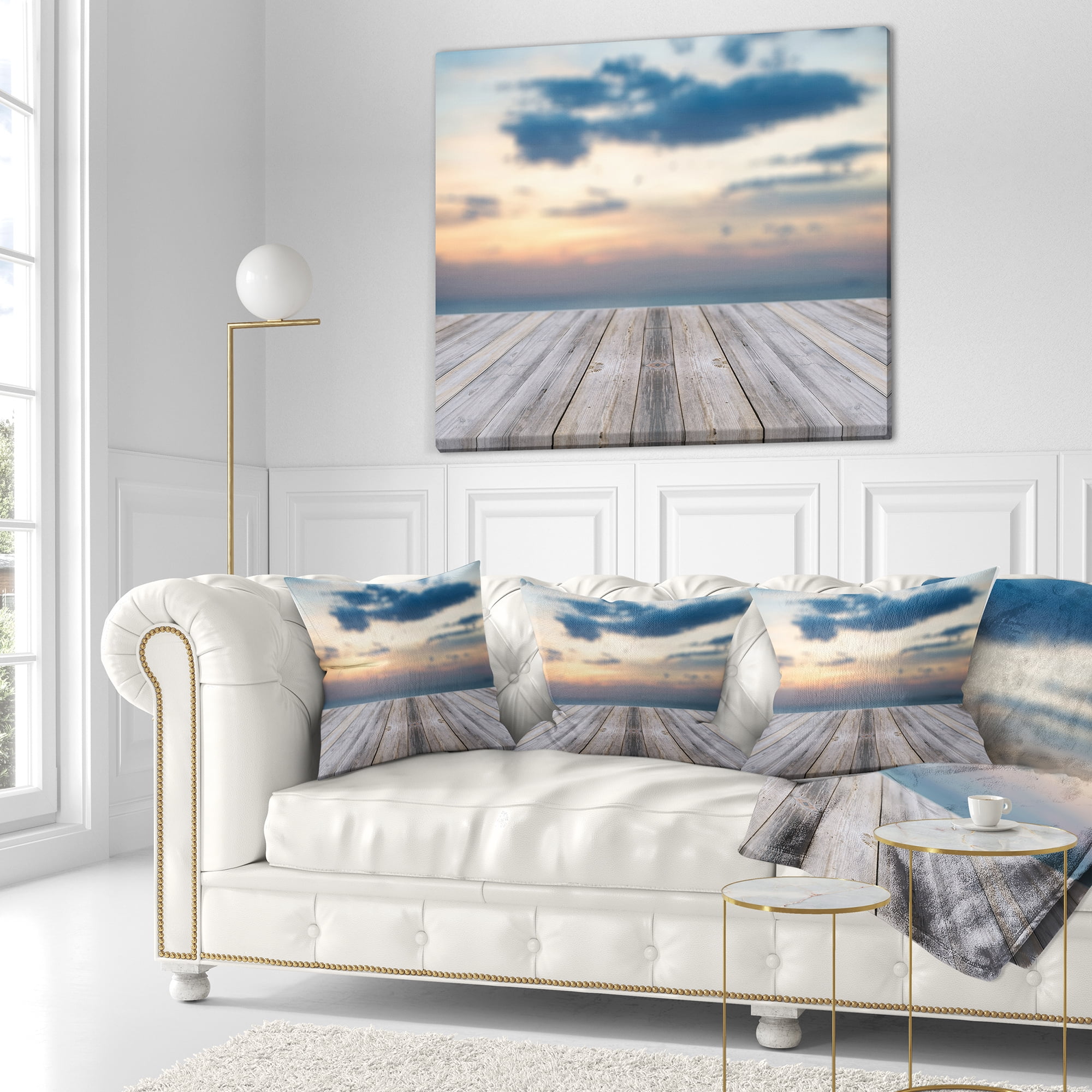 Designart Wooden Board at Sunset Seashore - Modern Throw Pillow - 18x18