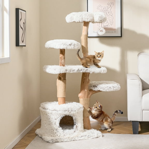 Gymax 53'' Tall Natural Branch Wooden Cat Tower w/ Jute Scratching Posts Plush Perch