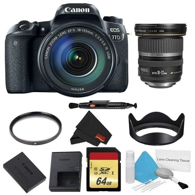 Canon EOS 77D DSLR Camera with 18-135mm Lens Bundle w/ Memory Kit + Bonus 10-22mm Lens (Intl Model)