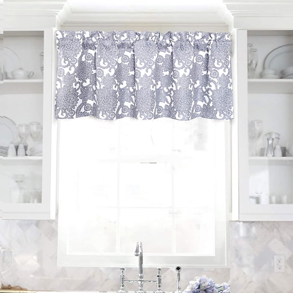 DriftAway Daisy Dahlia Blooming Flower/Floral Lined Thermal Insulated Energy Saving Window Curtain Valance for Living Room/Bedroom/Kitchen, 2 Layers, Rod Pocket, 52"x18" 2’’Header (Gray)