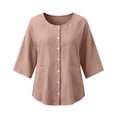 thumbnail image 4 of ClodeEU Women's Crew Neck 3/4 Sleeve Button Down Blouse,Casual Loose-Fit Linen Blend Shirt Pink,Women's Plus XL, 4 of 7