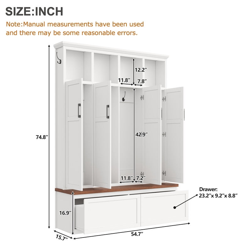 Farmhouse Hall Tree w/ 4 Cabinets w/ Door, Mudroom Coat Rack w/ Open Shelves, Entryway Storage Shoe Bench w/ 2 Drawers & 6 Hooks