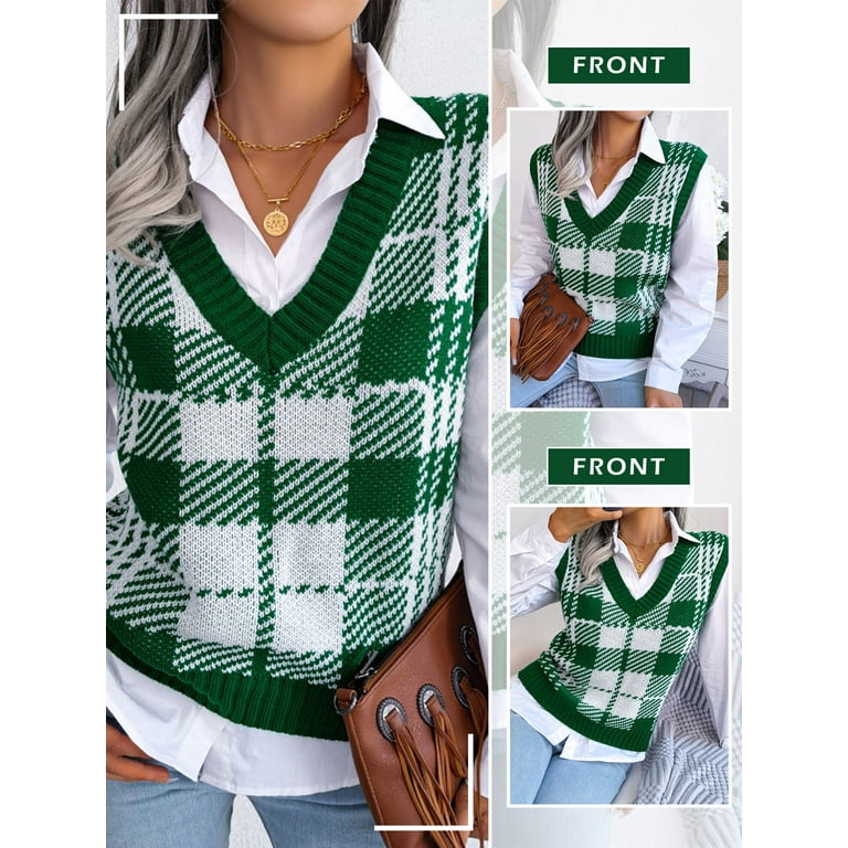 STARVNC Women Plaid Print V Neck Sleeveless Knitted Sweater Vest Walmart