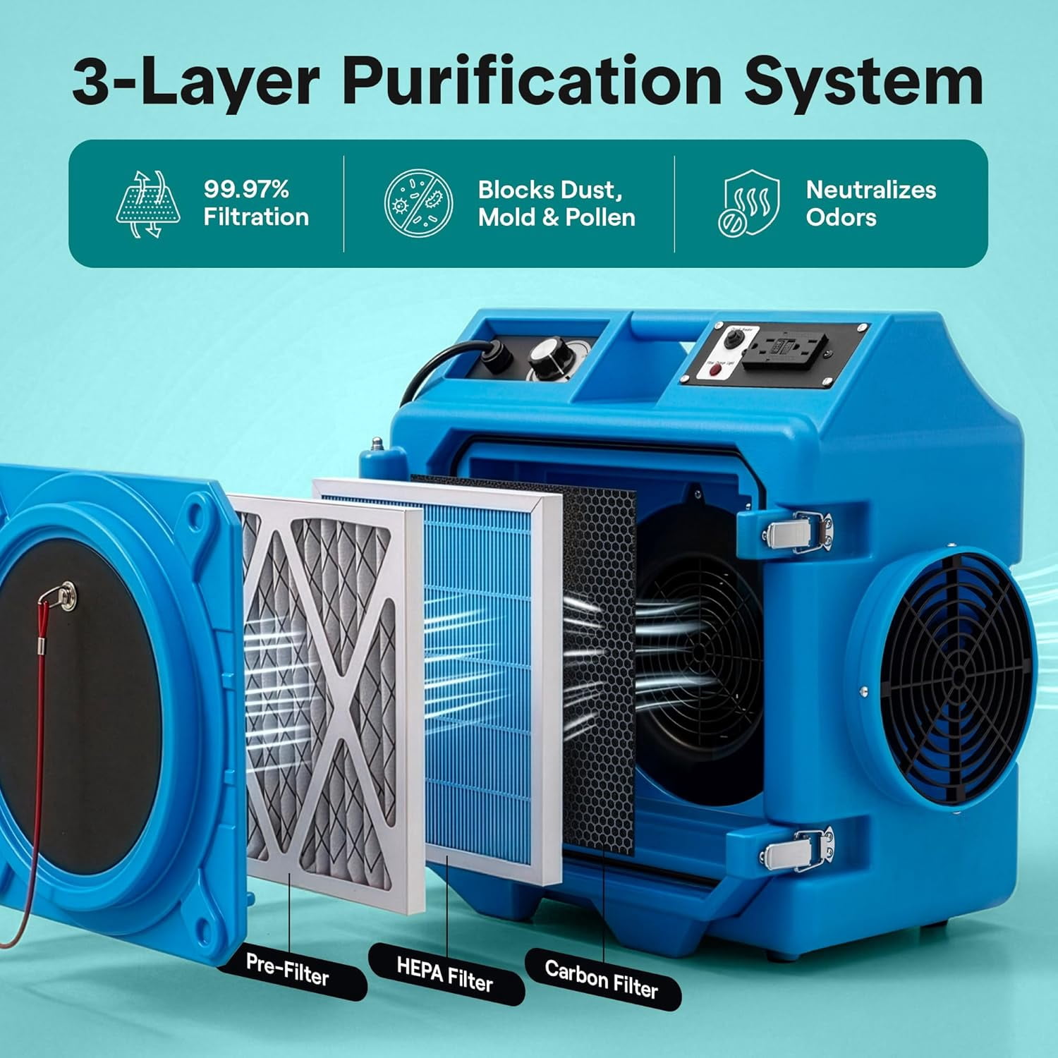 SereneLife Air Scrubber – Commercial HEPA 3-Stage Filtration System with MERV-10, Portable Air Cleaner with Carbon Filter, Adjustable Airflow for Dust & Odor Removal (Blue)