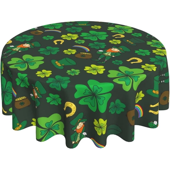 St.Patrick''s Day Round Tablecloth 60 Inch Green Leprechaun with Clover Table Cover Washable Polyester for Dining Table, Buffet Parties and Camping
