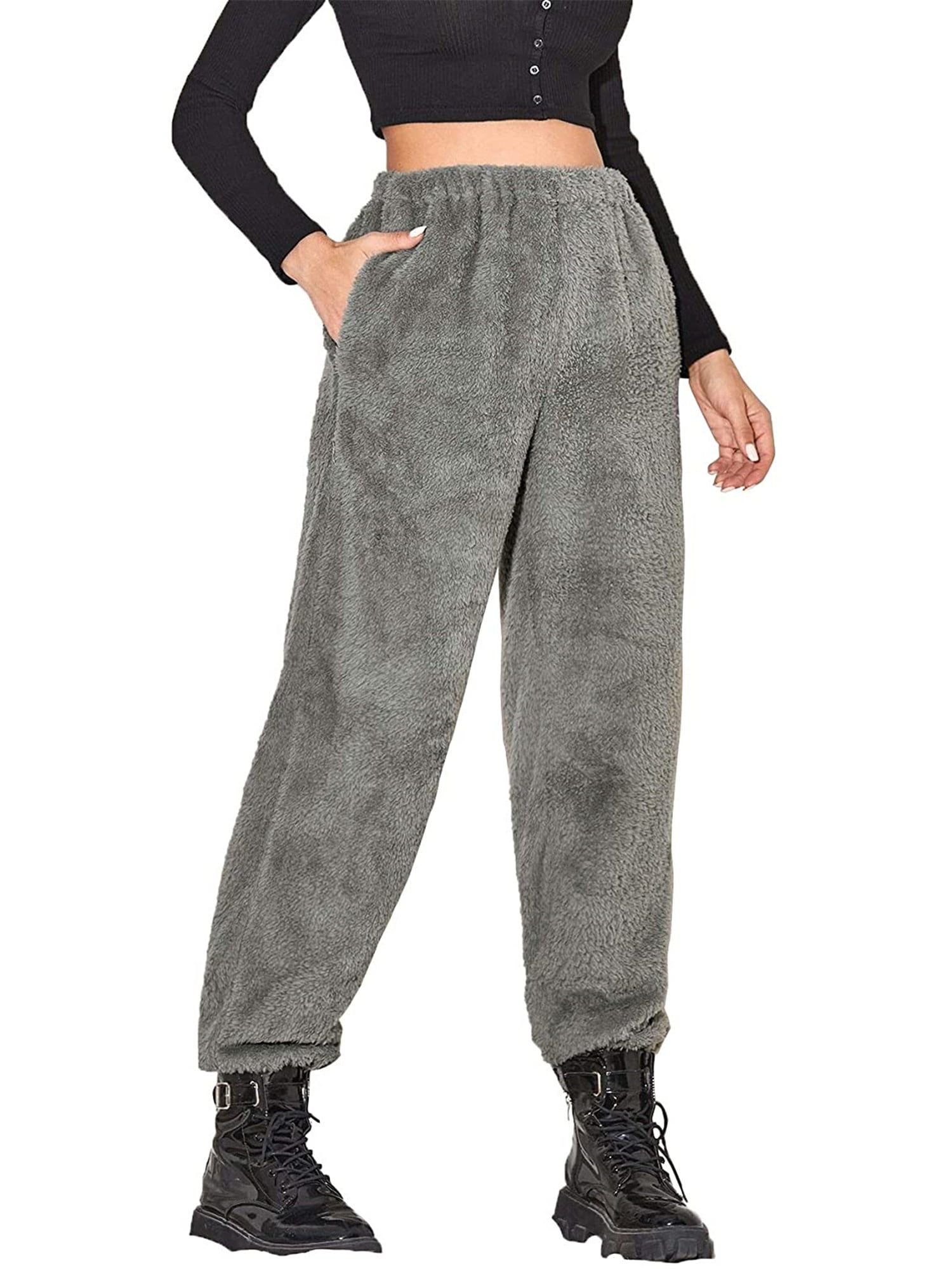 ReachMe Womens Winter Plush Fluffy Pajama Pants with Pockets Warm Fleece Lounge Pants Sleepwear Bottoms 