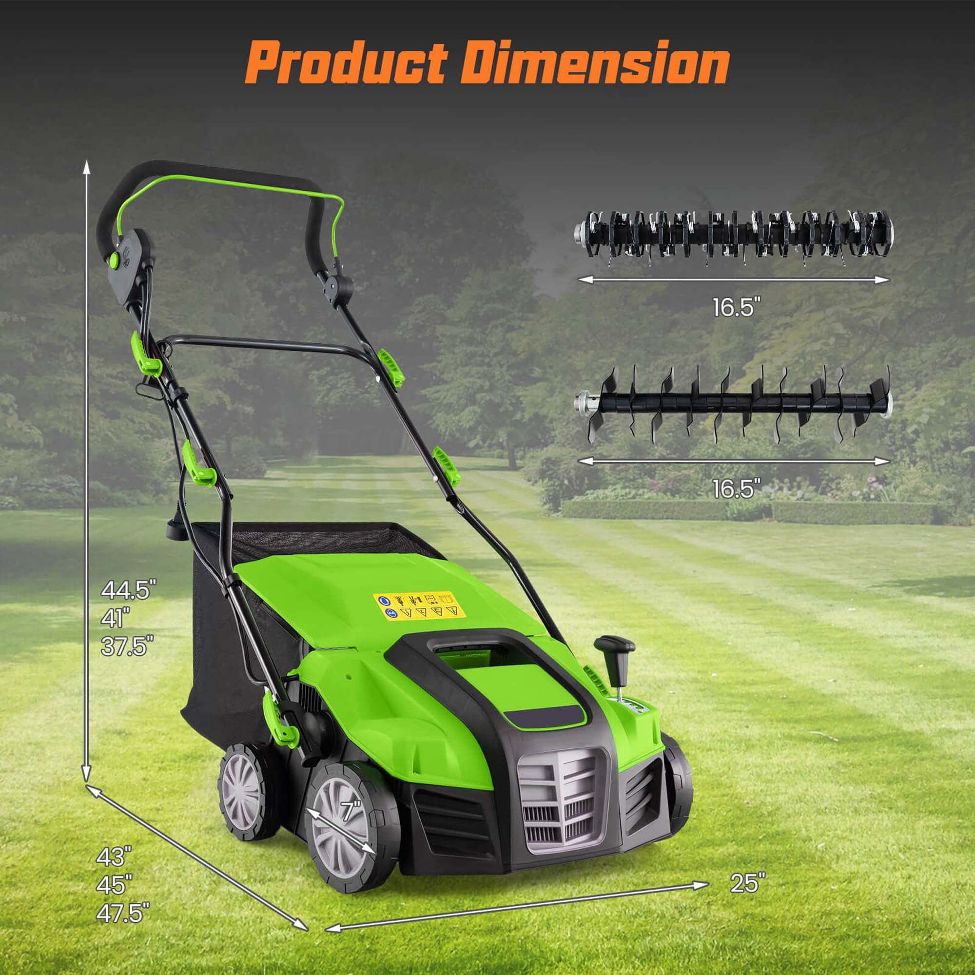 Costway 16-Inch Electric Dethatcher & Scarifier 15A 2-In-1 Lawn Dethatcher Green